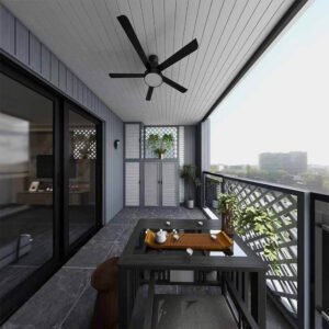 Finished balcony lounge view with fir-tone WPC wall siding and ceiling panels, creating a neat enclosed outdoor space.