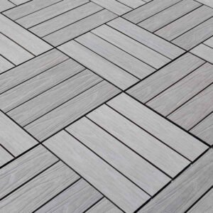 close up of interlocking wpc deck tile surface showing wood grain slats clean gaps and tool free click lock joints