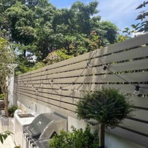 fir color decking boards used as fencing classic slatted outdoor kitchen privacy screen