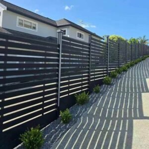 ipe classic slatted wpc fencing with integrated led posts daytime boundary