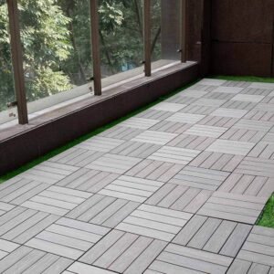 narrow office balcony corridor upgraded with diy composite deck tiles for quick drainage and easy maintenance