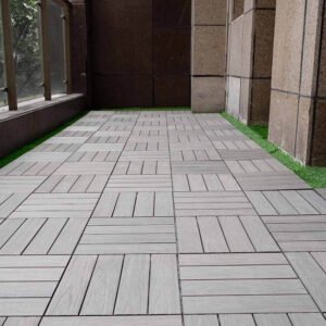 office building balcony outdoor break area with diy wpc deck tiles installed in mixed pattern click lock modular flooring