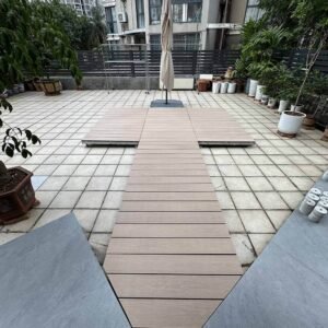 prefabricated wpc decking system commercial courtyard platform with custom shaped walkway and raised panels