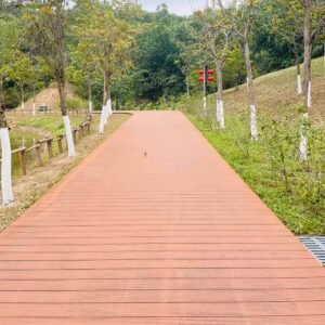 public park lakeside deck with wpc decking and matching railing system wide view