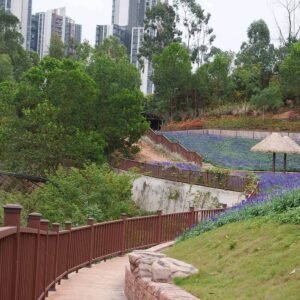 rosewood composite railing on outdoor park stairs with vertical balusters