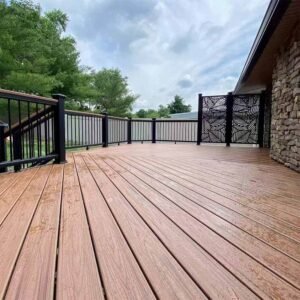 solid teak co extruded wpc decking residential patio with picture frame border and diagonal inlay