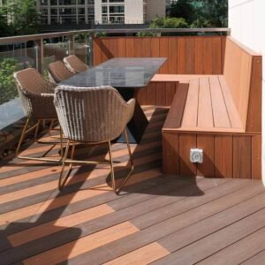 two tone co extruded wpc decking teak and coffee office terrace lounge seating area