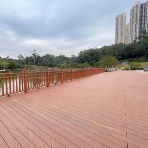 urban park pathway with grooved composite decking and landscaped edges