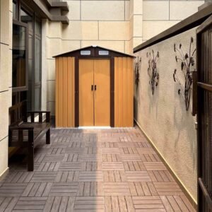 villa outdoor storage corner with teak grey interlocking composite deck tiles clean modular layout