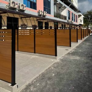 wpc fence panels with black metal posts teak color outdoor apartment
